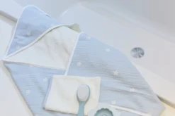Childhome Capes De Bain-Cape De Bain + Gant - 80x80 Cm - Mousseline Fleur - Bleue