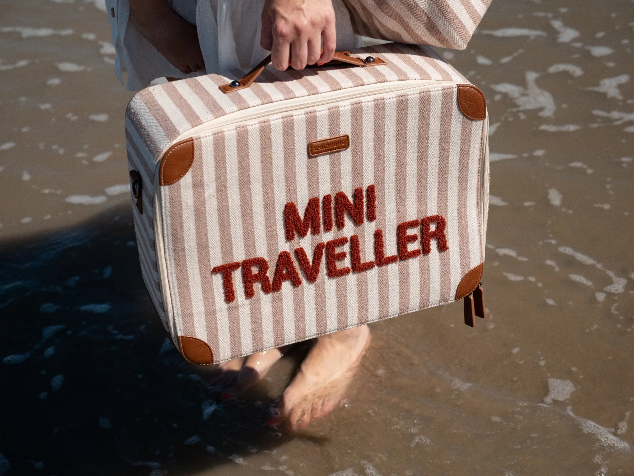 Childhome Kids Bags|Kids Bags-Mini Traveller Kids Suitcase - Rayures - Nude/Terracotta